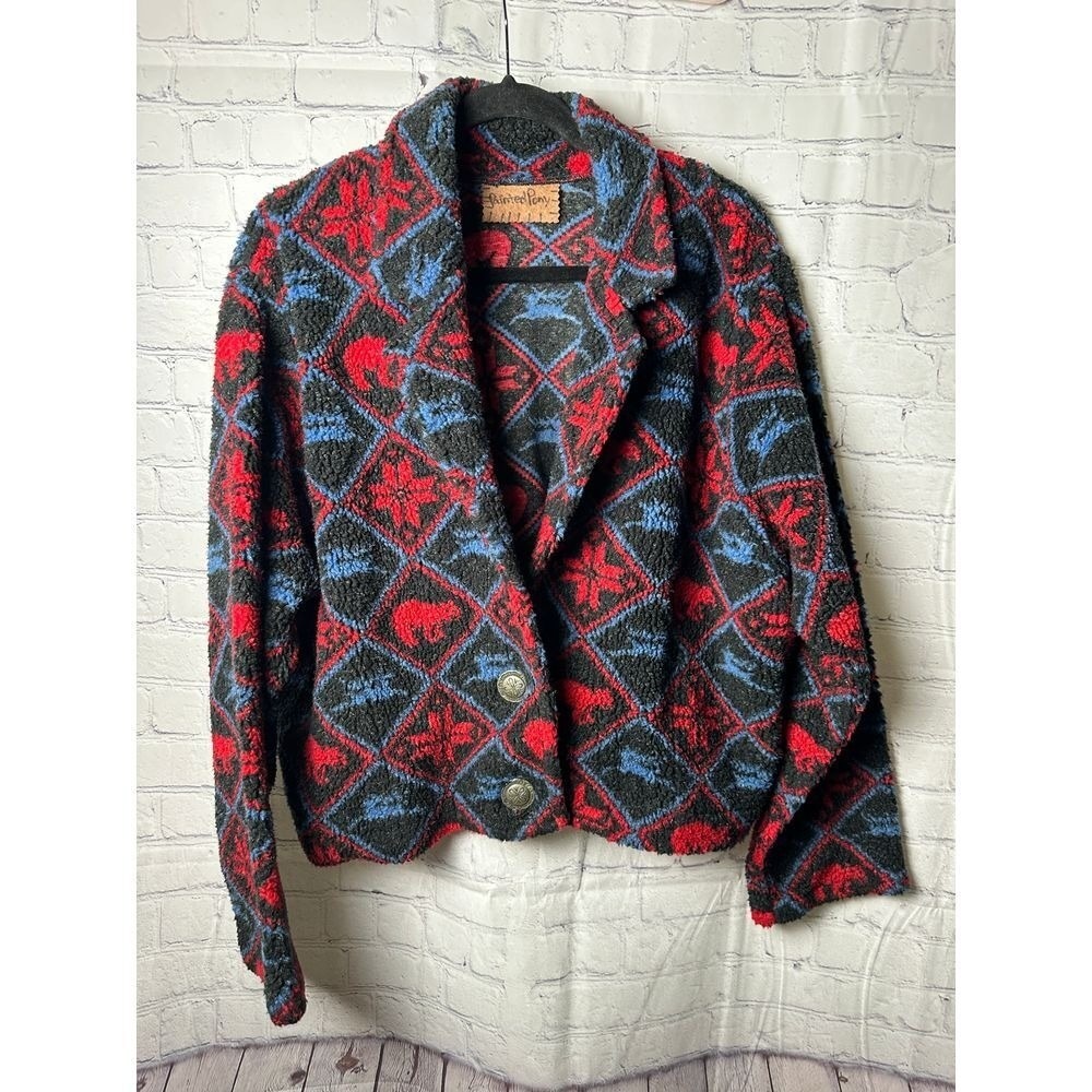 Vintage PAINTED PONY  Wool Cardigan Sweater Nordic Pattern Red Blue Black